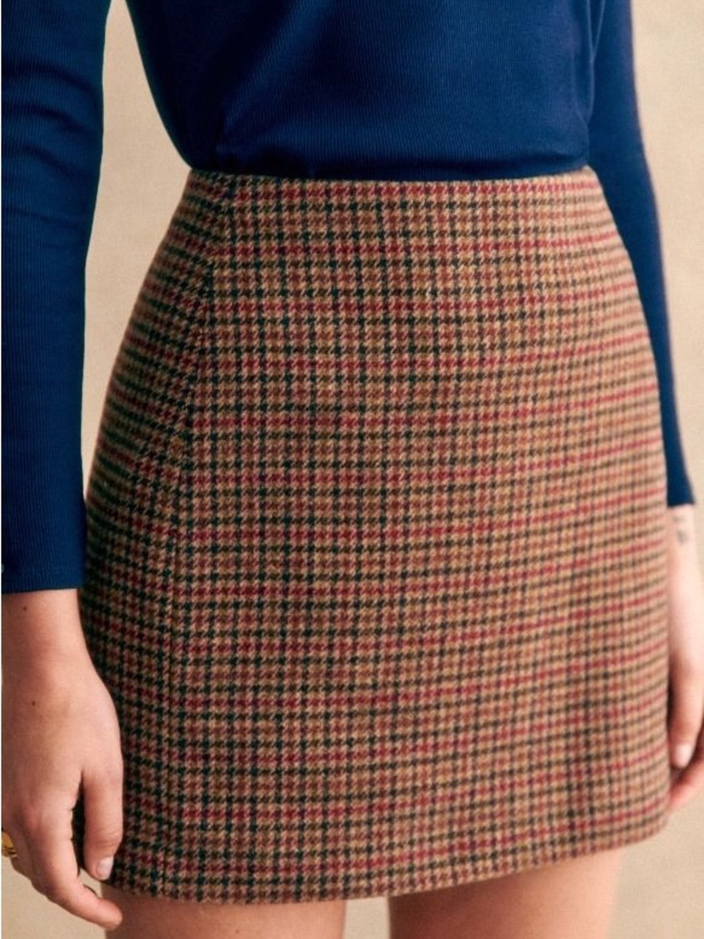 Sezane Mini Skirt in Brown, Red and Green Houndstooth